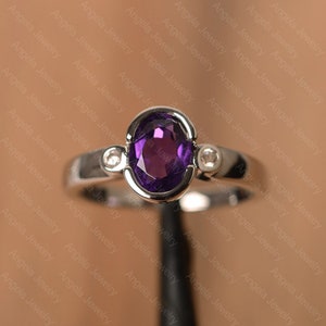 bezel setting sterling silver oval cut amethyst engagement ring February birthstone ring