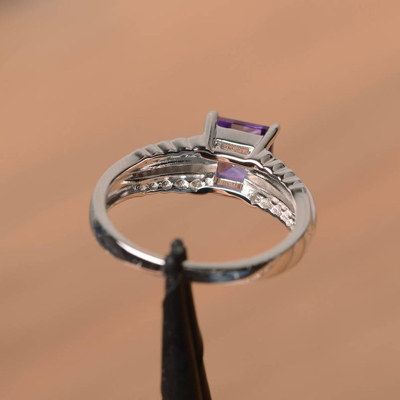 natural amethyst ring wedding ring February birthstone square cut gems purple gemstone sterling silver ring