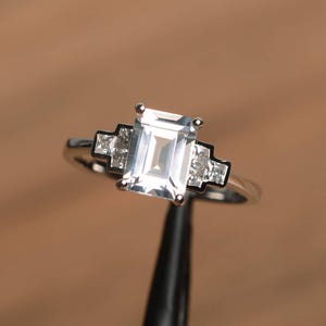 white topaz ring emerald cut white gemstone ring white gold anniversary ring for women