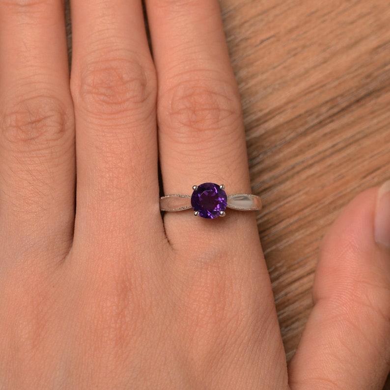 natural amethyst ring engagement ring solitaire ring sterling silver ring February birthstone ring round cut purple gemstone ring