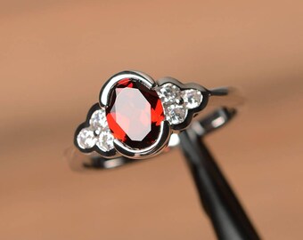 red garnet ring January birthstone ring oval cut sterling silver engagement ring for women