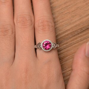 Lab ruby ring engagement promise ring round cut ring silver ring July birthstone red gemstone ring image 3
