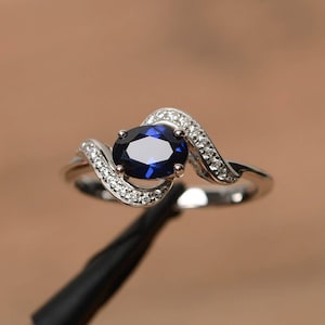 blue sapphire ring September birthstone oval cut blue gemstone sterling silver engagement ring for women