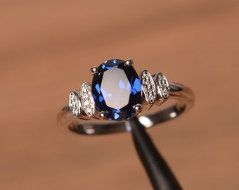 oval sapphire proposal ring sterling silver September birthstone ring