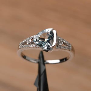 genuine aquamarine ring trillion cut March birthstone ring sterling silver wedding ring for women