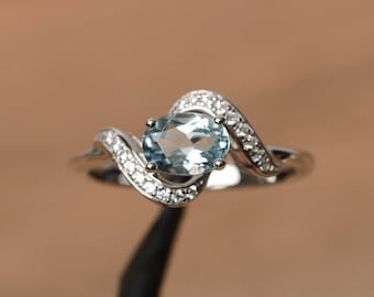 aquamarine promise ring natural blue aquamarine ring March birthstone oval cut gemstone sterling silver ring