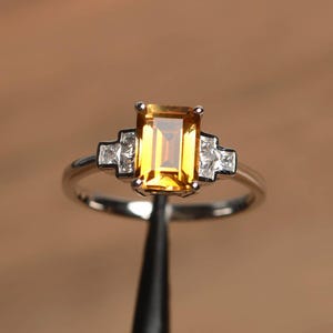 citrine ring November Birthstone emerald cut yellow gemstone sterling silver ring
