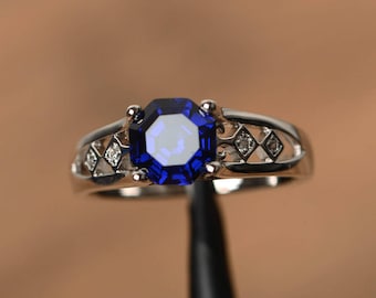 anello da sposa in zaffiro blu retrò argento ottagono a forma di settembre