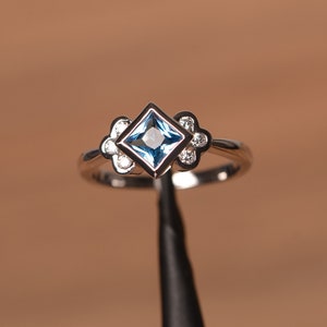 Swiss blue topaz  wedding ring princess cut blue stone ring sterling silver bezel setting
