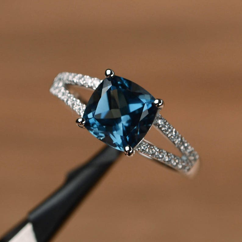 London Blue Topaz Ring Cushion Cut Gemstone Promise Sterling - Etsy