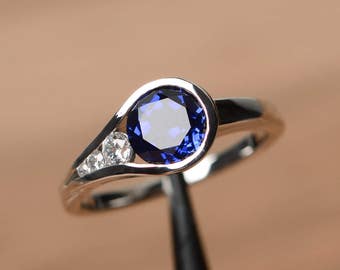 blue sapphire wedding engagement ring September birthstone blue gemstone sterling silver ring