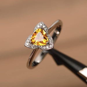 natural citrine ring promise wedding ring trillion cut sterling silver ring November Birthstone  yellow gemstone ring