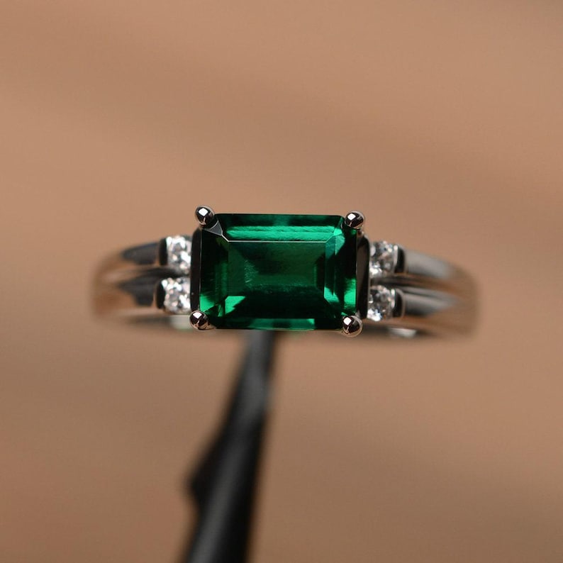 lab emerald ring emerald cut green gemstone ring May birthstone ring sterling silver bridal ring image 2
