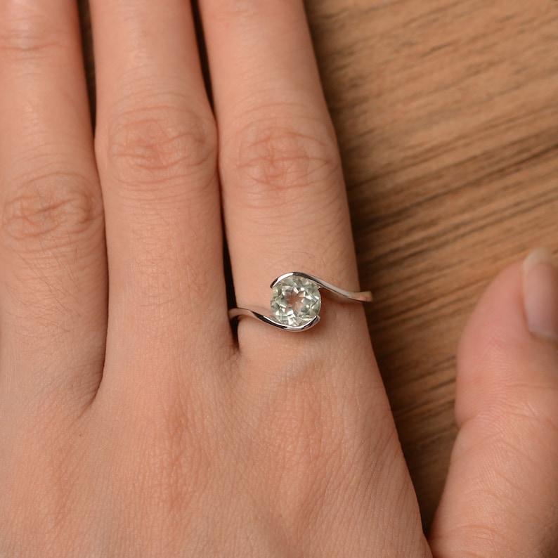 Green amethyst ring sterling silver round cut bezel setting engagement ring for women