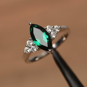 Lab emerald ring May birthstone marquise cut green gemstone sterling silver ring