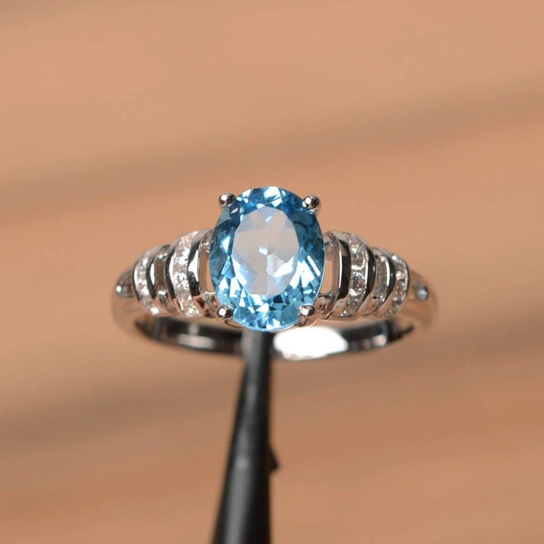 Swiss Blue Topaz Ring Oval Cut Blue Gemstone Sterling Silver Engagement ...