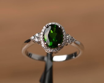 natürliche Diopsid Ring oval geschnitten Versprechen Verlobungsring solid Sterling Silber Ring grüner Edelstein Ring