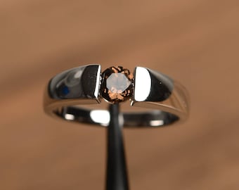 natural smoky quartz ring cocktail party ring round cut brown gemstone sterling silver simple rings