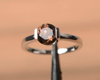 cocktail party ring natural smoky quartz ring brown gemstone sterling silver ring solitaire ring