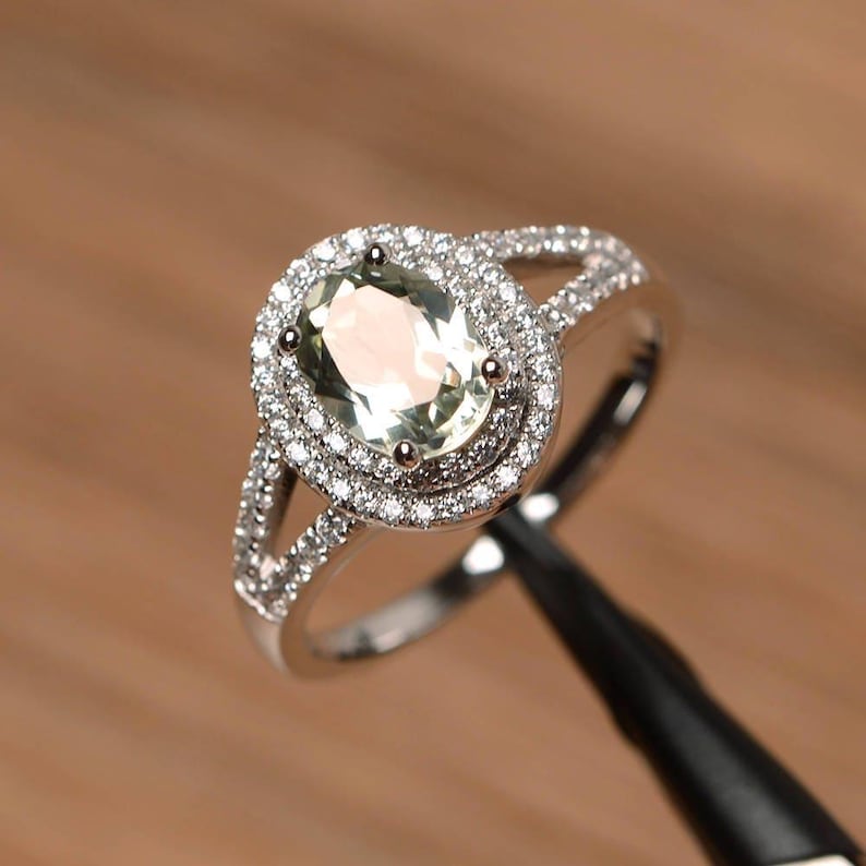 halo natural green amethyst ring anniversary ring sterling silver ring oval cut gemstone image 1