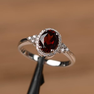 genuine natural garnet ring oval cut wedding ring solid sterling silver January birthstone