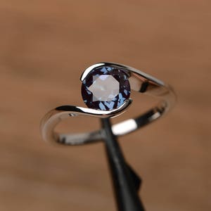 alexandrite statement ring round cut color changing June birthstone sterling silver solitaire ring