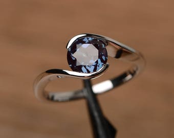 alexandrite statement ring round cut color changing June birthstone sterling silver solitaire ring