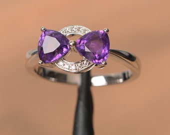 natural amethyst ring promise ring trillion cut sterling silver ring purple gemstone ring February birthstone ring