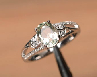 natural green amethyst ring oval cut gemstone sterling silver engagement ring for women