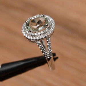 halo natural green amethyst ring anniversary ring sterling silver ring oval cut gemstone image 2