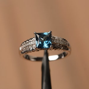 London blue topaz proposal ring princess cut 925 silver November birthstone ring
