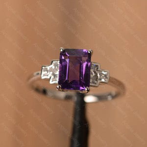 purple amethyst ring emerald cut February birthstone ring sterling silver engagement ring
