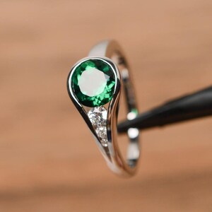 emerald engagement ring round cut promise ring May birthstone ring sterling silver ring gemstone lab emerald bezel setting image 2