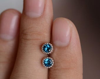 Natural London Blue Topaz Stud Earrings Sterling Silver Stud Earrings Tiny 4mm
