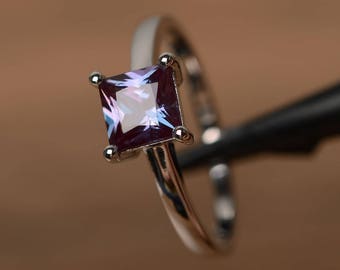 lab alexandrite ring sterling silver solitaire rings princess cut engagement ring