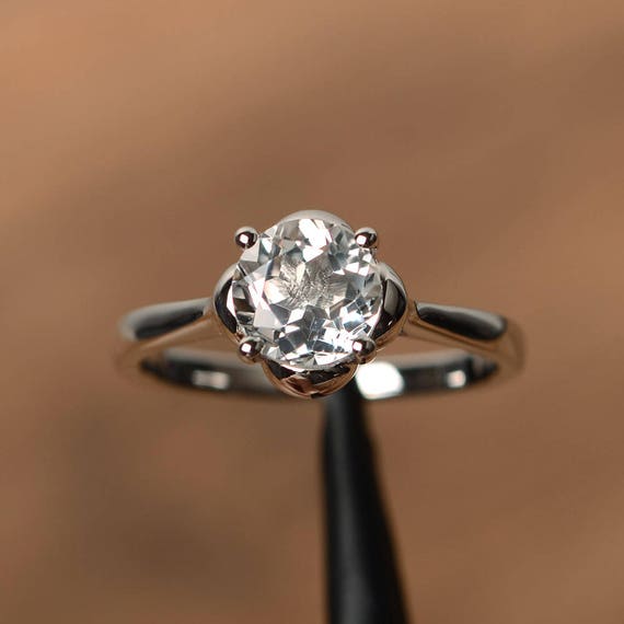 Natural white topaz ring promise rings round cut gemstone | Etsy
