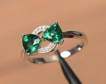 lab emerald ring wedding engagement ring trillion cut sterling silver ring green gemstone ring May birthstone ring