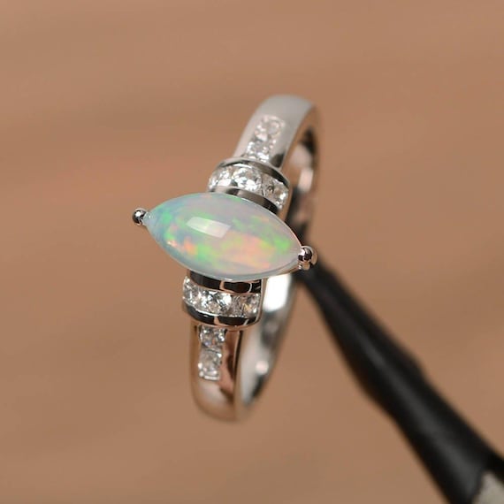 opal engagement ring natural white opal ring October birthstone marquise cut gemstone sterling silver ring