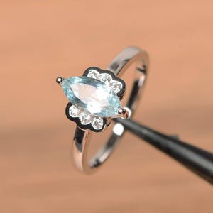 natural aquamarine ring engagement ring March birthstone marquise cut gemstone blue gems sterling silver ring