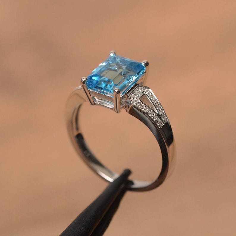 Swiss Blue Topaz Ring Emerald Cut Blue Gemstone Sterling Silver ...