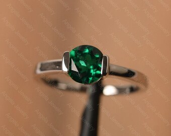 half bezel setting emerald anniversary ring round shaped sterling silver May birthstone ring