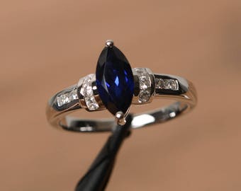 blue sapphire ring sapphire wedding ring September birthstone marquise cut blue gemstone sterling silver ring