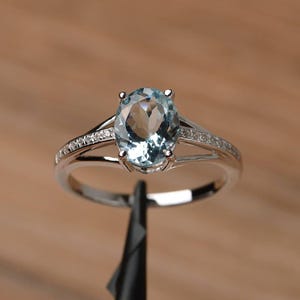 natural aquamarine ring oval cut solid sterling silver engagement ring March birthstone blue gemstone ring