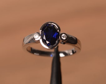 sapphire ring September birthstone oval cut blue gemstone ring sterling silver anniversary ring