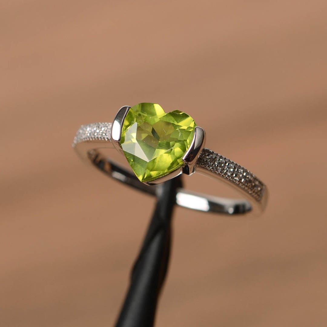 Natural Peridot Ring Peridot Promise Ring May Birthstone Heart Cut
