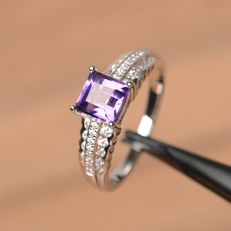 natural amethyst ring wedding ring February birthstone square cut gems purple gemstone sterling silver ring