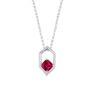 Anniversary Gift Necklace, Asscher Cut Lab Ruby Pendant 6mm, Minimalist Silver Hexagon July Birthstone Necklace