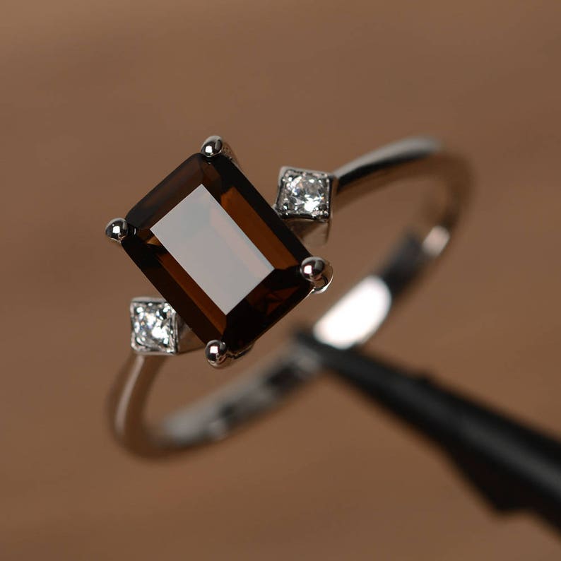 smoky quartz ring sterling silver engagement ring for her emerald cut