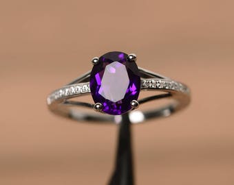 natural amethyst ring engagement wedding ring oval cut solid sterling silver ring birthstone purple gemstone ring