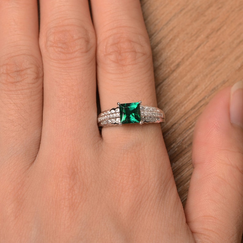 emerald ring promise ring May birthstone princess cut gems green gemstone sterling silver ring